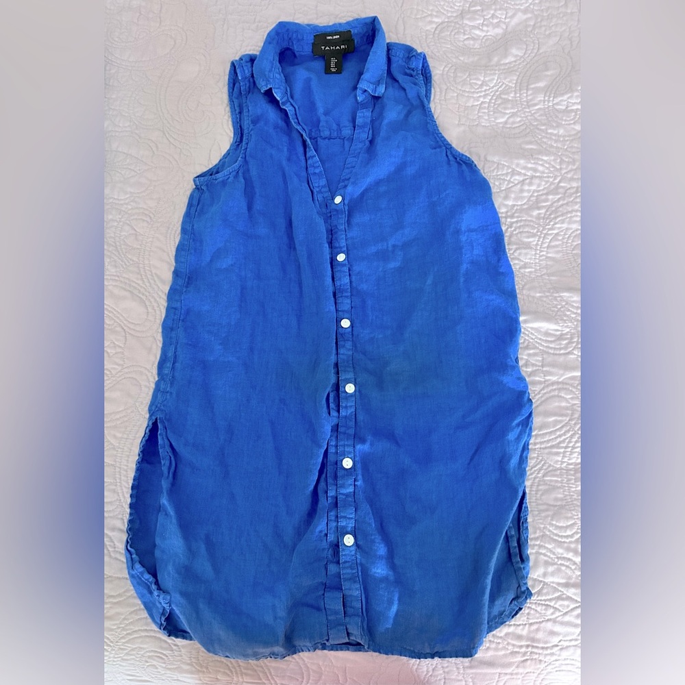 Tahari women’s small 100% linen button up sleeveless top with collar